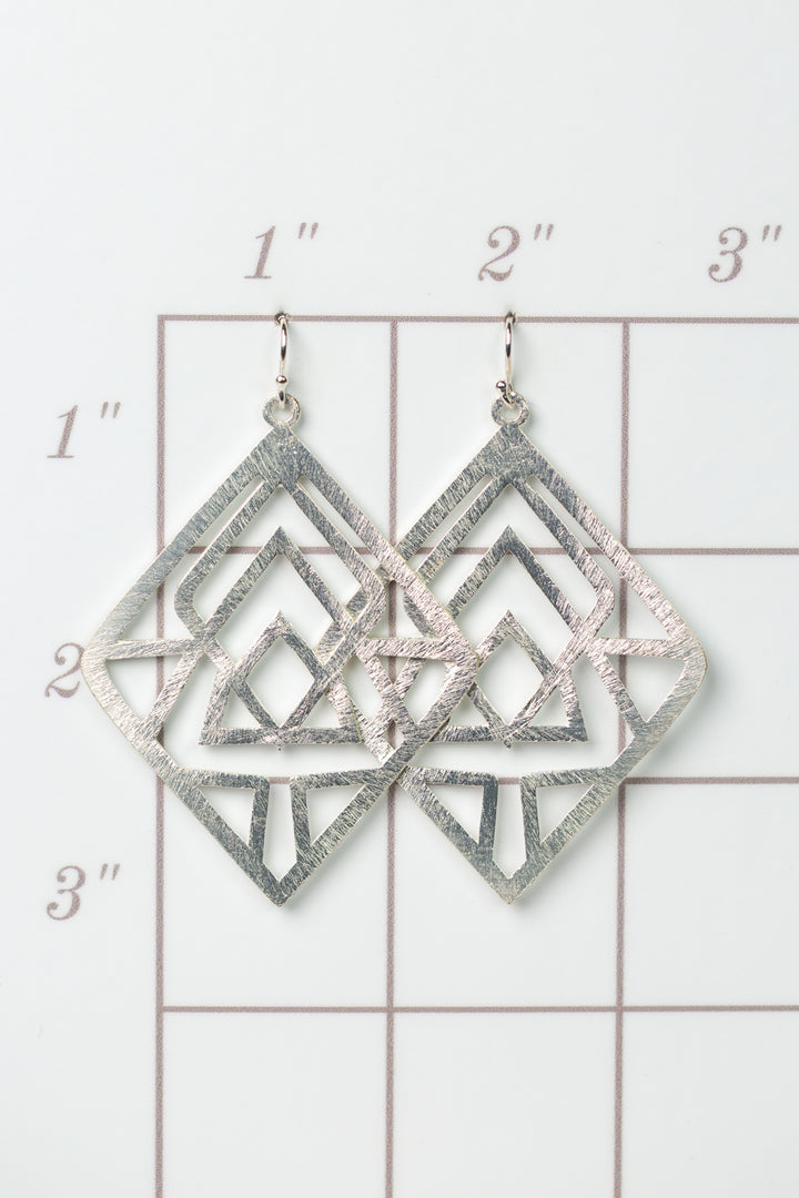 Brushed Silver Geometric Diamond Earrings