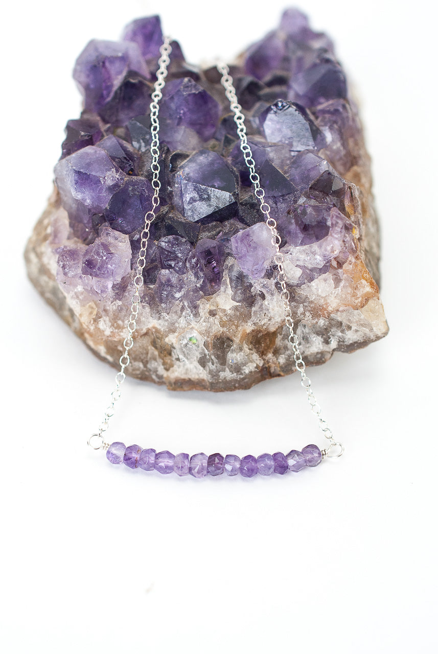 Birthstone 16-18" February Silver Amethyst Bar Necklace