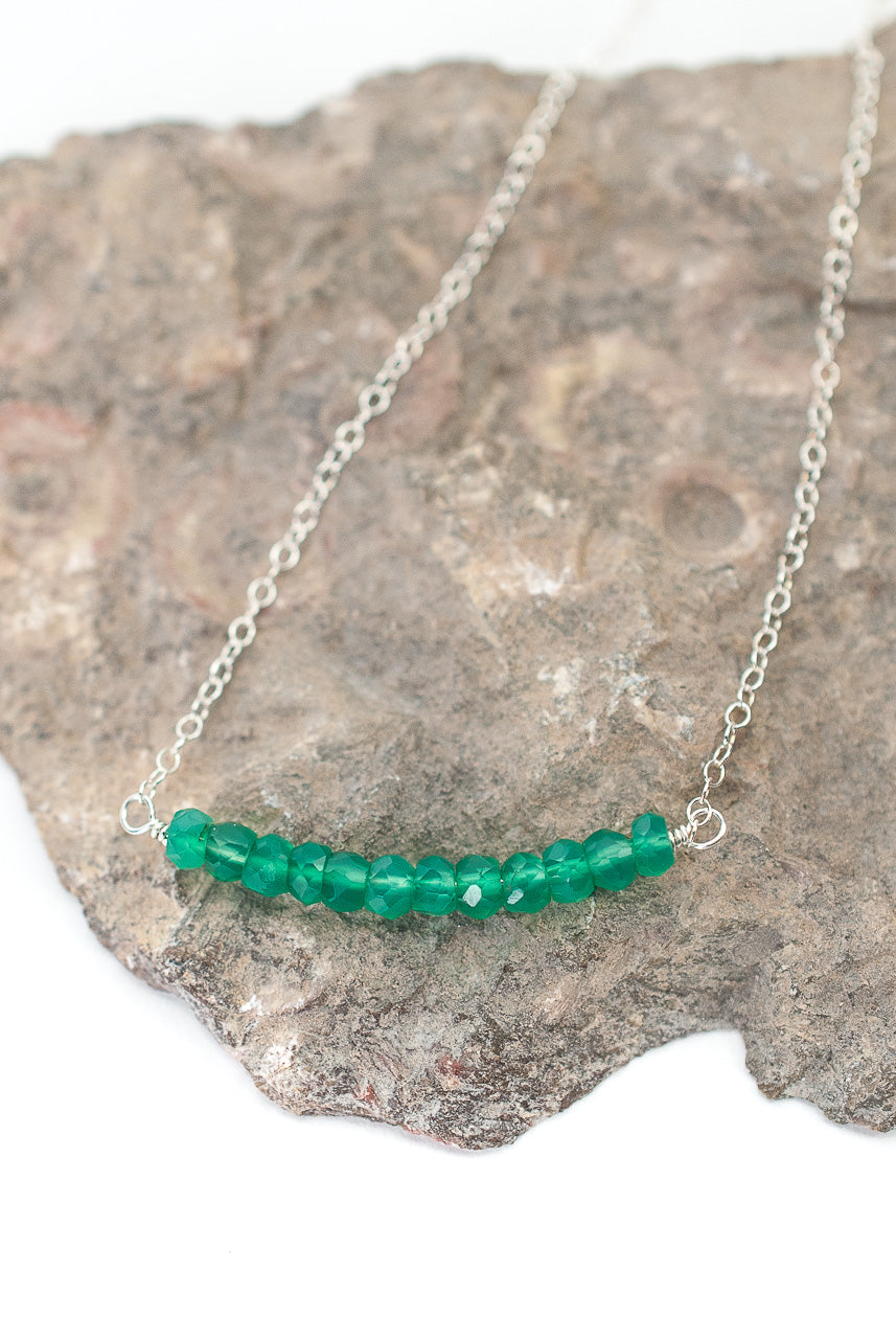 Birthstone 16-18" May Silver Green Onyx Bar Necklace