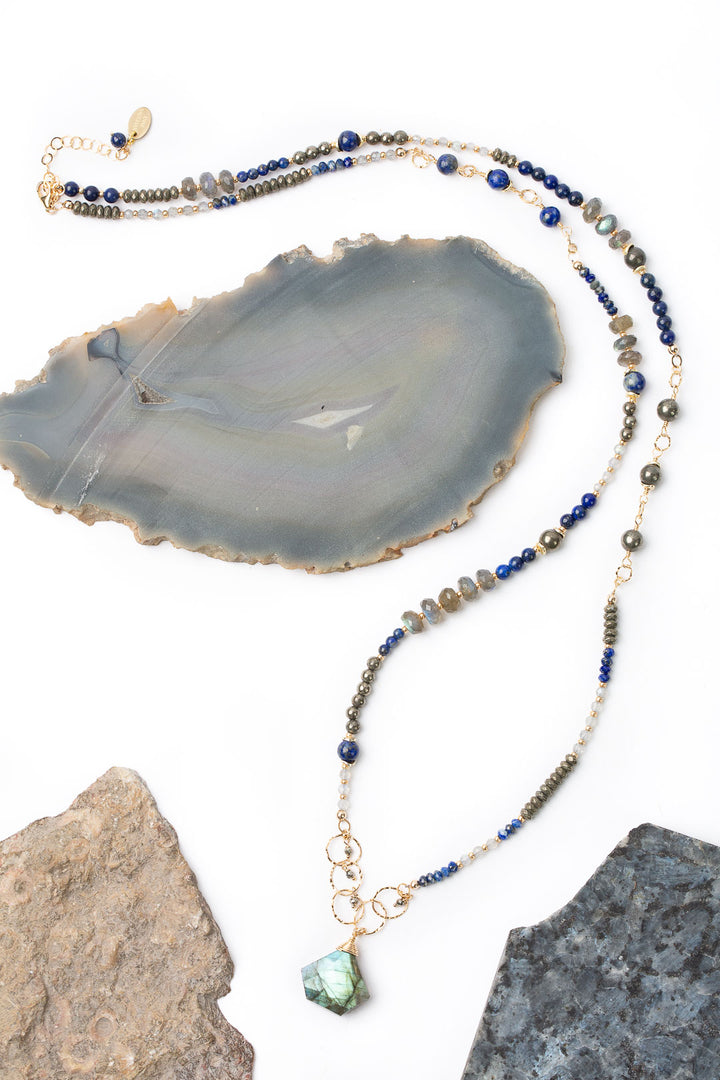Blue Moon 32.5-34.5" Lapis With Labradorite And Pyrite Collage Necklace