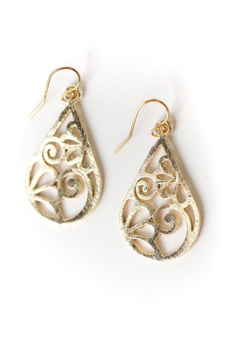 Brushed Gold Floral Swirl Droplet Earrings