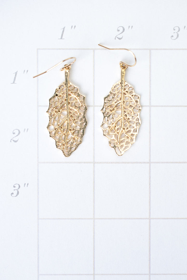 Brushed Gold Filigree Leaf Earrings