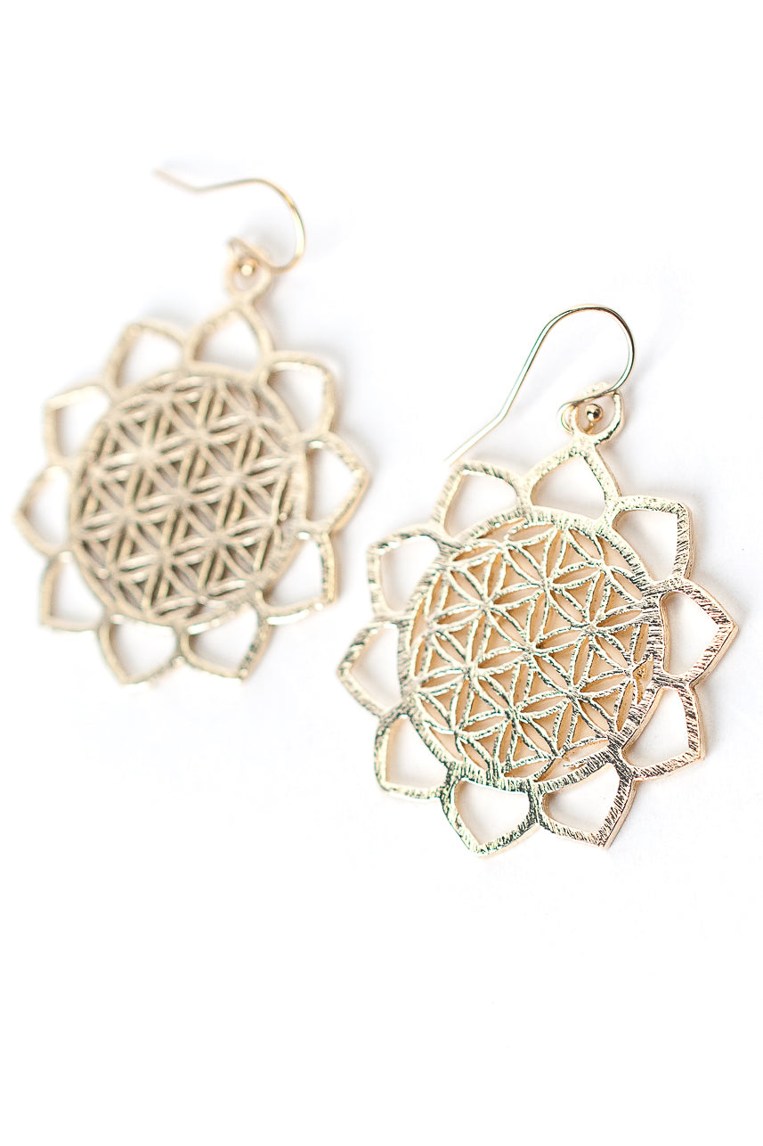Brushed Gold Flower Of Life Sunflower Earrings