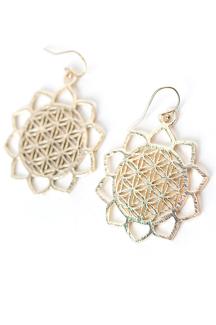 Brushed Gold Flower Of Life Sunflower Earrings