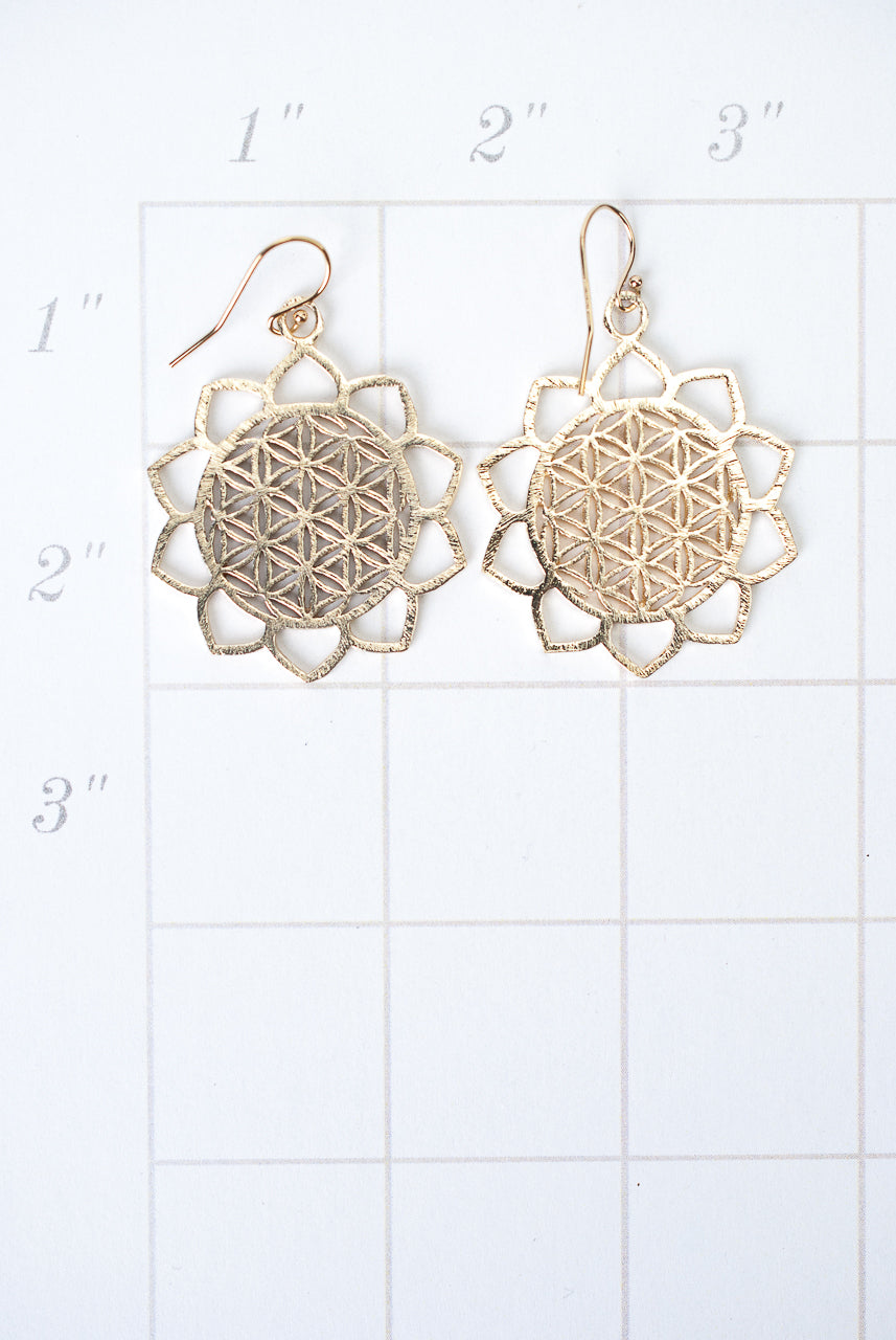 Brushed Gold Flower Of Life Sunflower Earrings