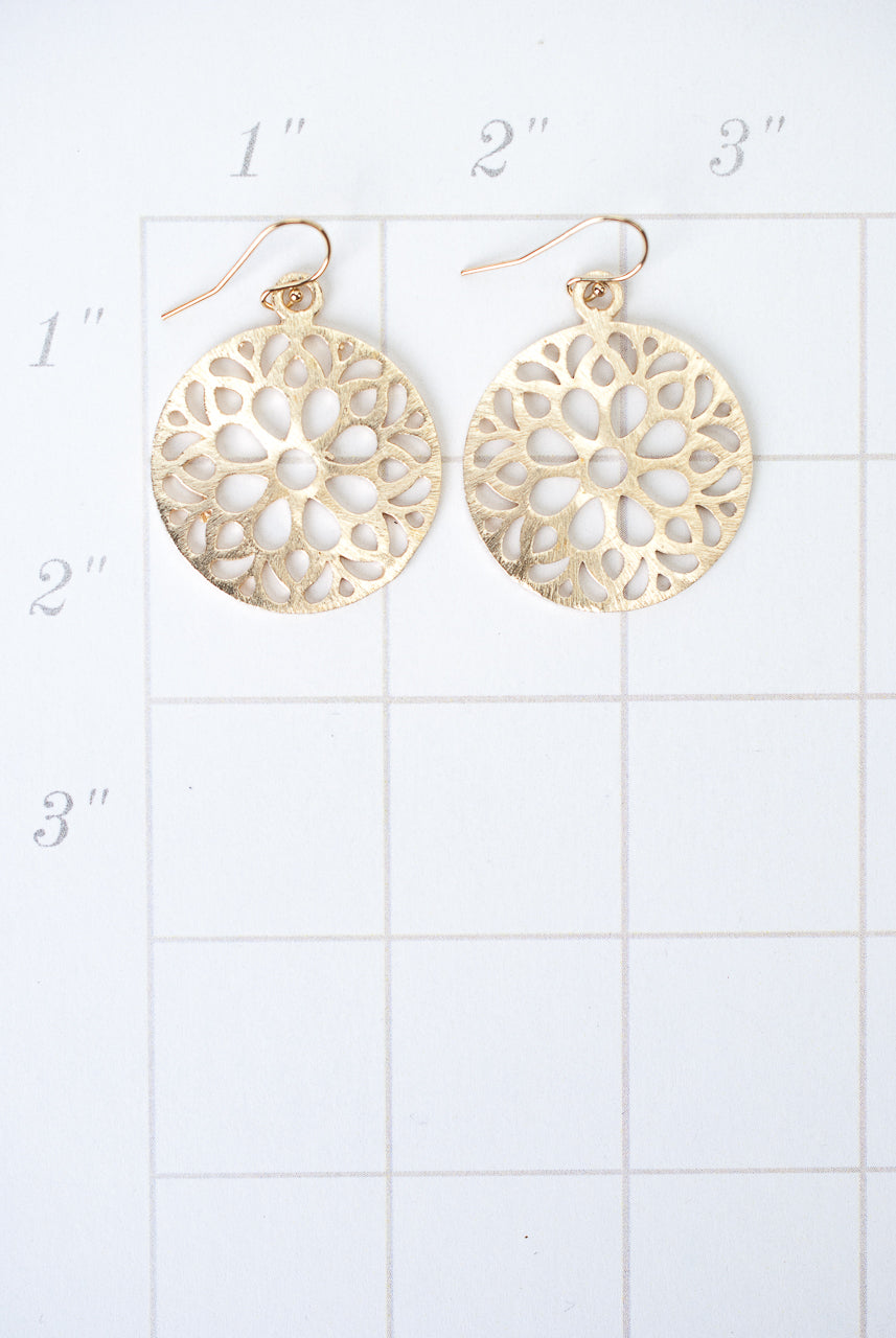 Brushed Gold Floral Disk Earrings