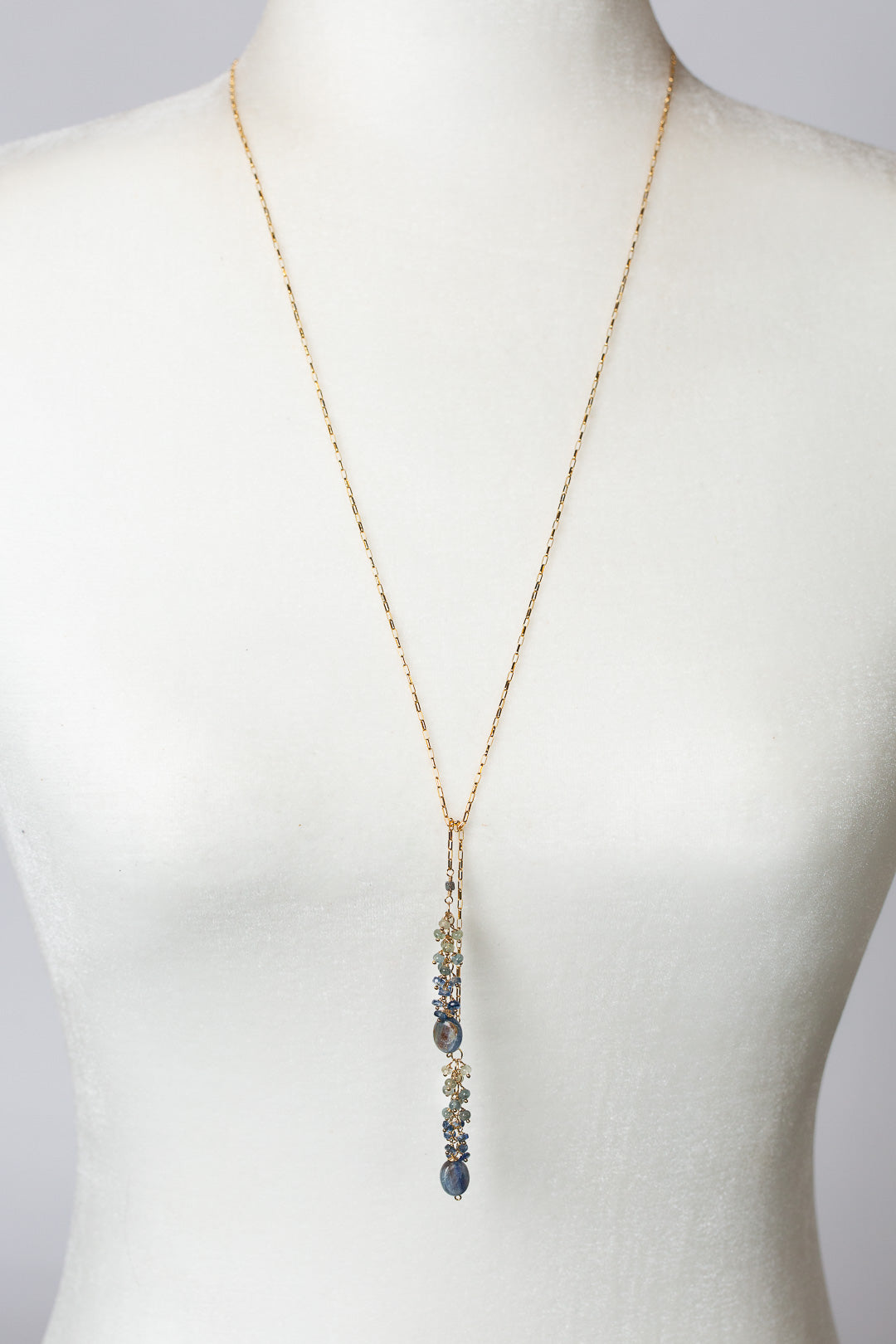 Ripple 30.5" Green Moss With Kyanite, Gold Tassel Necklace
