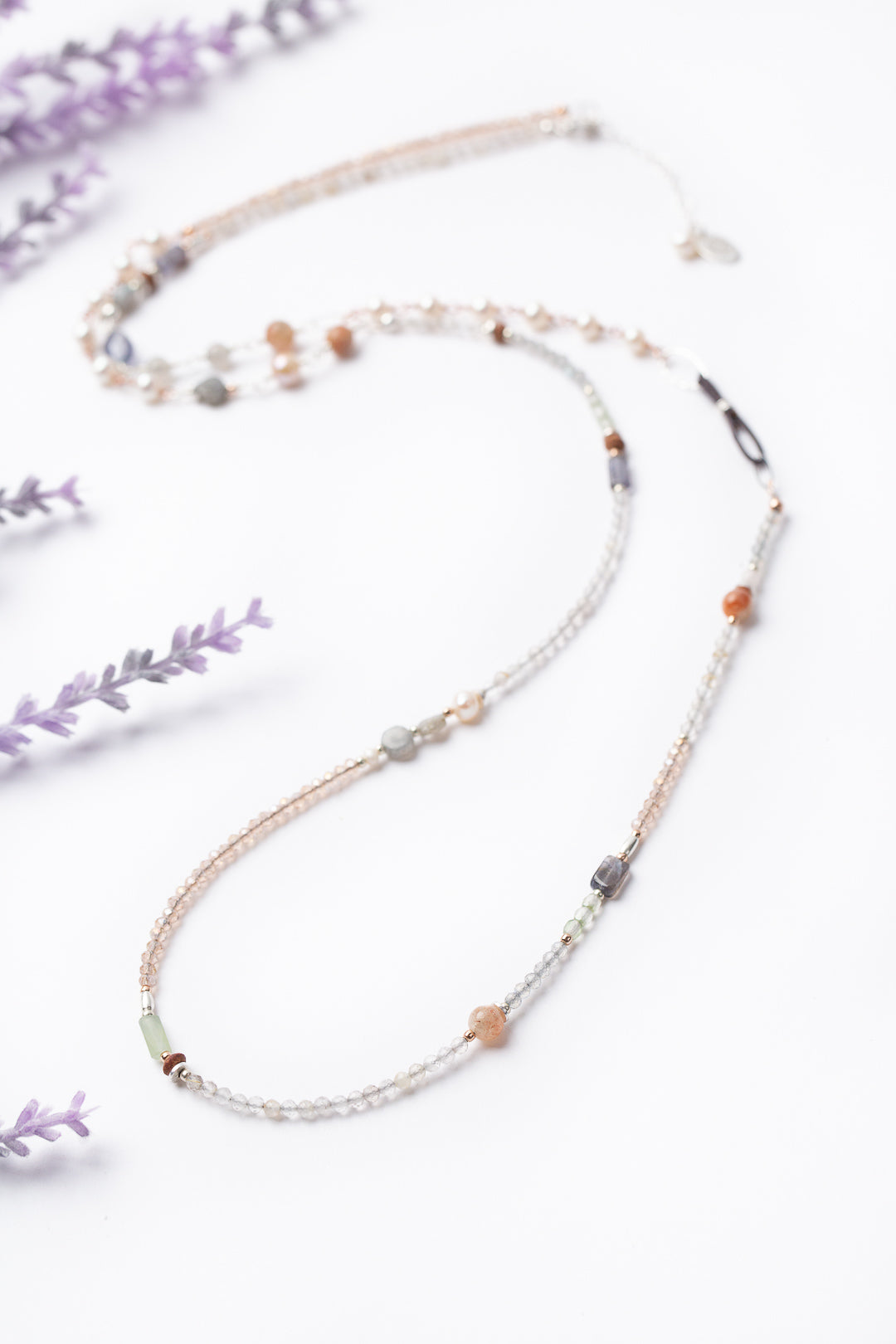 Rosebud 35.5-37.5" Sunstone, Iolite, Labradorite Collage Necklace