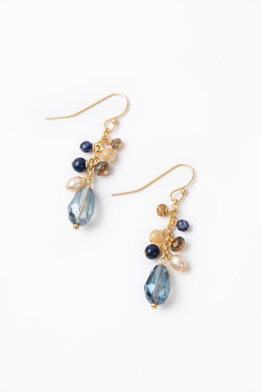 Starry Night Mother Of Pearl, Blue Crystal, Lapis Dangle Earrings