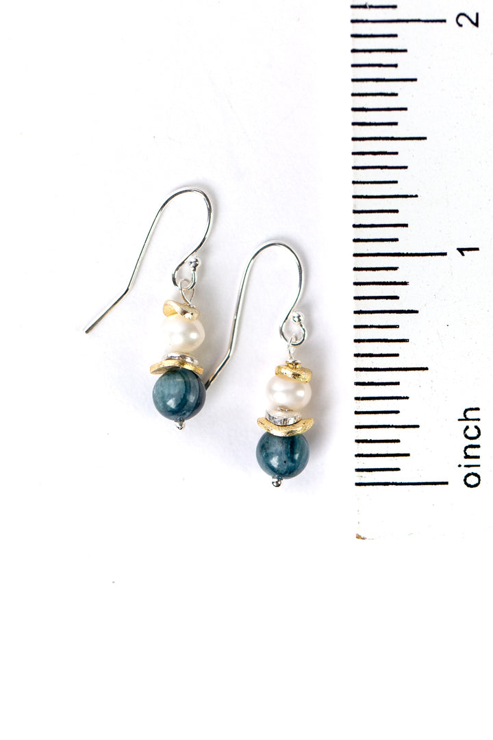 Seaside Kyanite, Fresh Water Pearl Simple Dangle Earrings