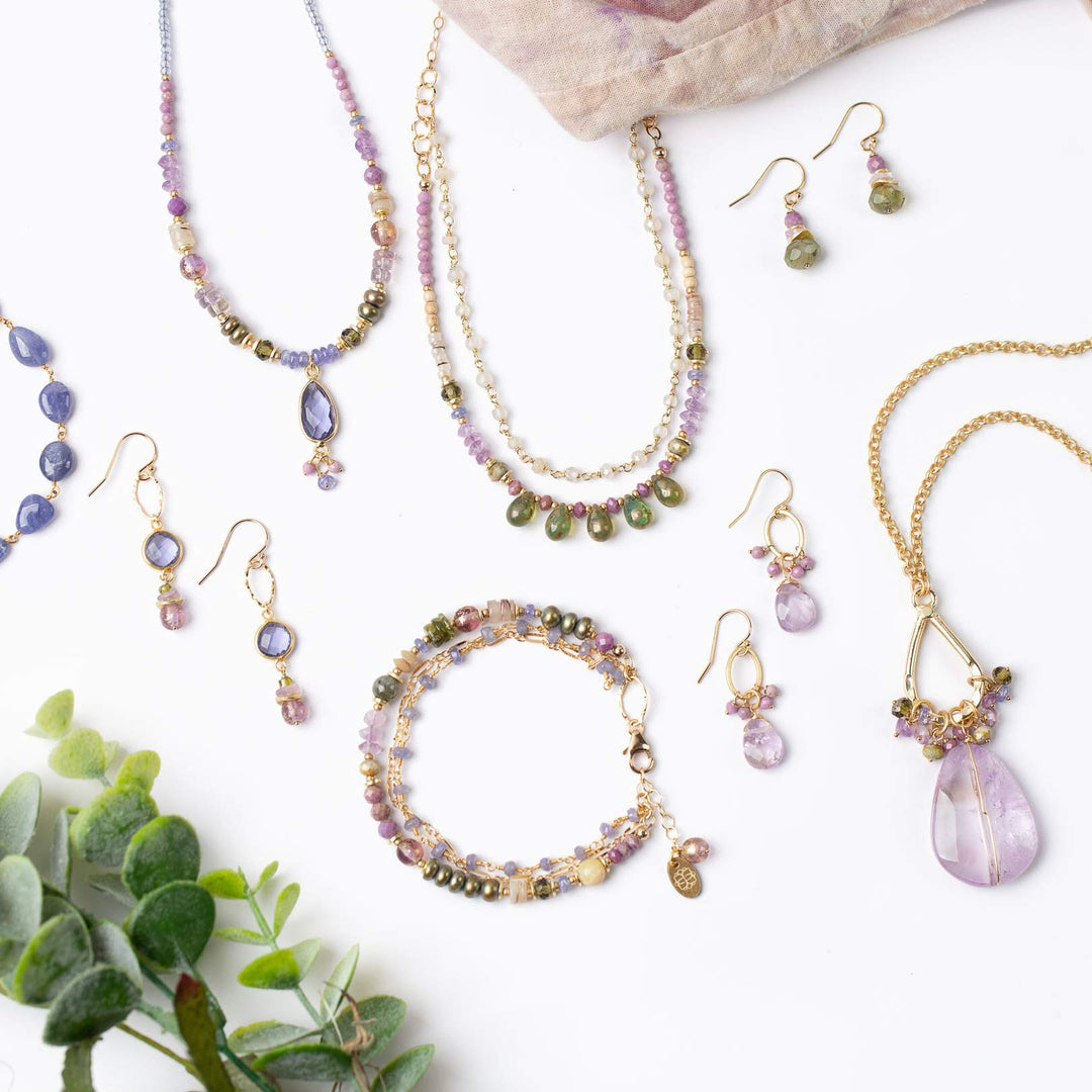 Hydrangea by Anne Vaughan  - Amethyst, Pearl, Tanzanite and Phosphosiderite Gemstone on Gold Earrings, Necklaces and Bracelets