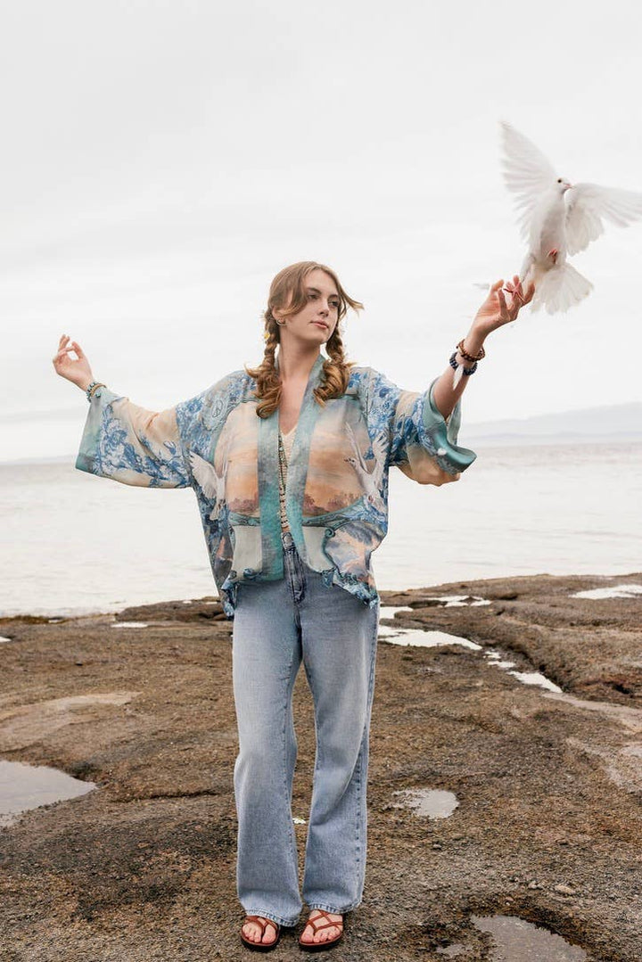 Peace Out Cropped Kimono Pixie Duster with Doves and Sunrise