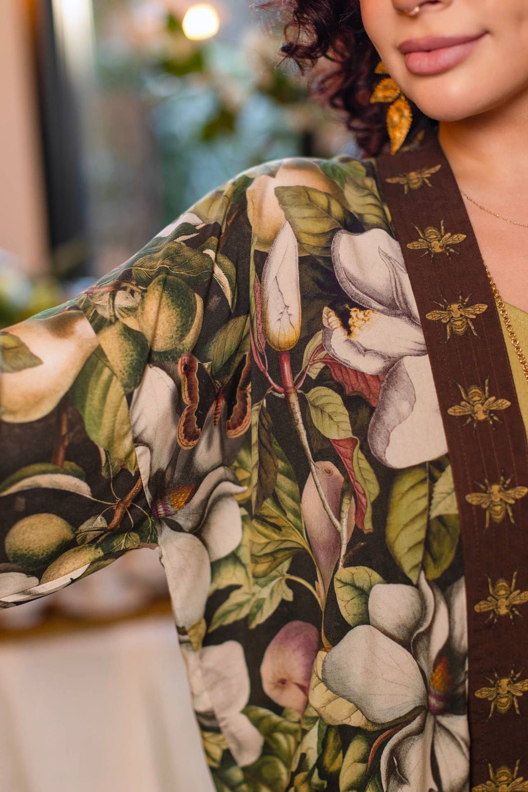 Fleur De Lune Pixie Duster Crop Kimono w/ Florals & Bees