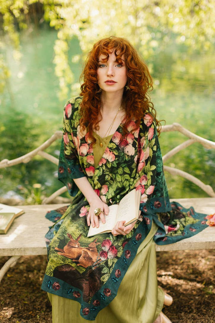 The Daydreamer Goddess Duster Kimono w/ Roses & Rabbits