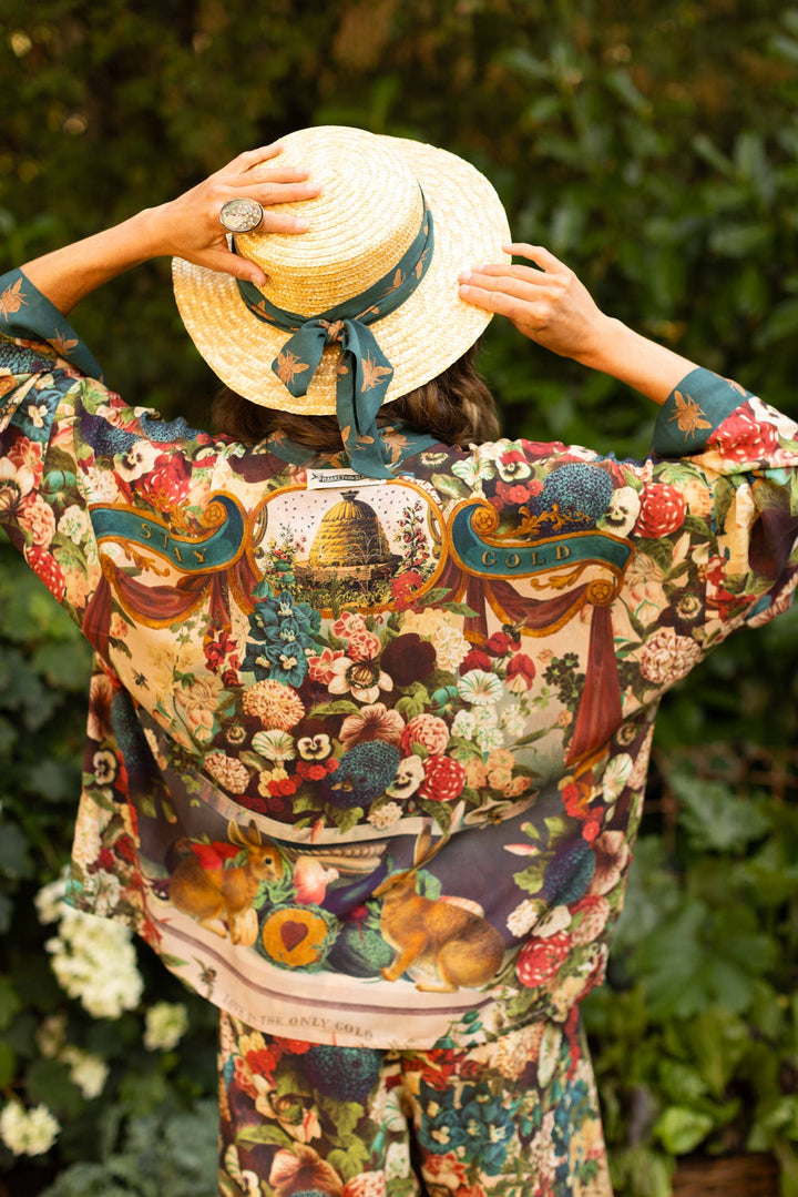 Stay Gold Pixie Duster Cropped Kimono w/ Rabbits and Bees