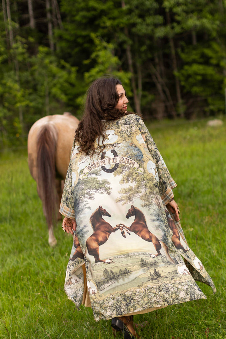 Born to Run Opera Duster Kimono Robe w/ Horse & Flower Print