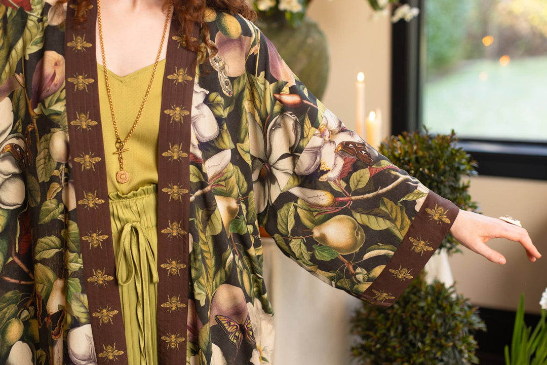 Fleur De Lune Opera Duster Kimono Robe w/ Florals & Bees