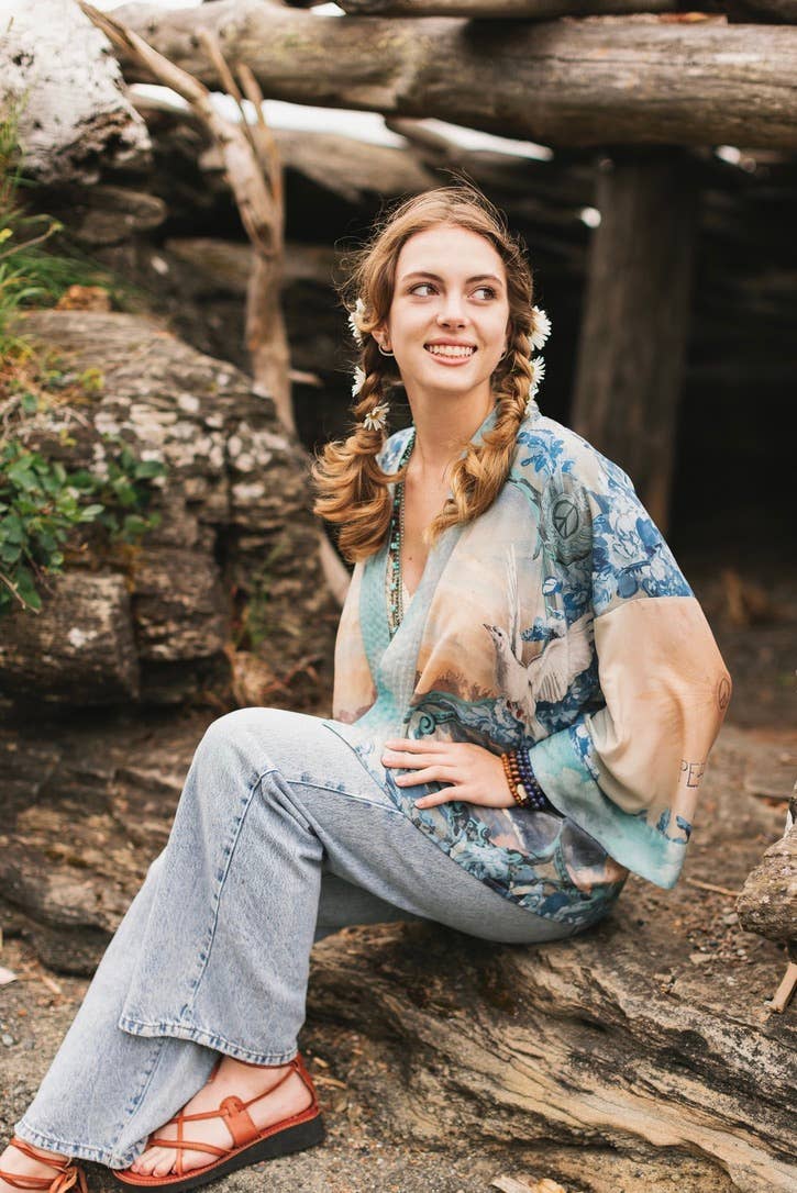 Peace Out Cropped Kimono Pixie Duster with Doves and Sunrise