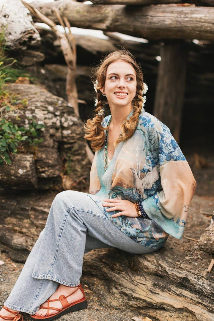 Peace Out Cropped Kimono Pixie Duster with Doves and Sunrise