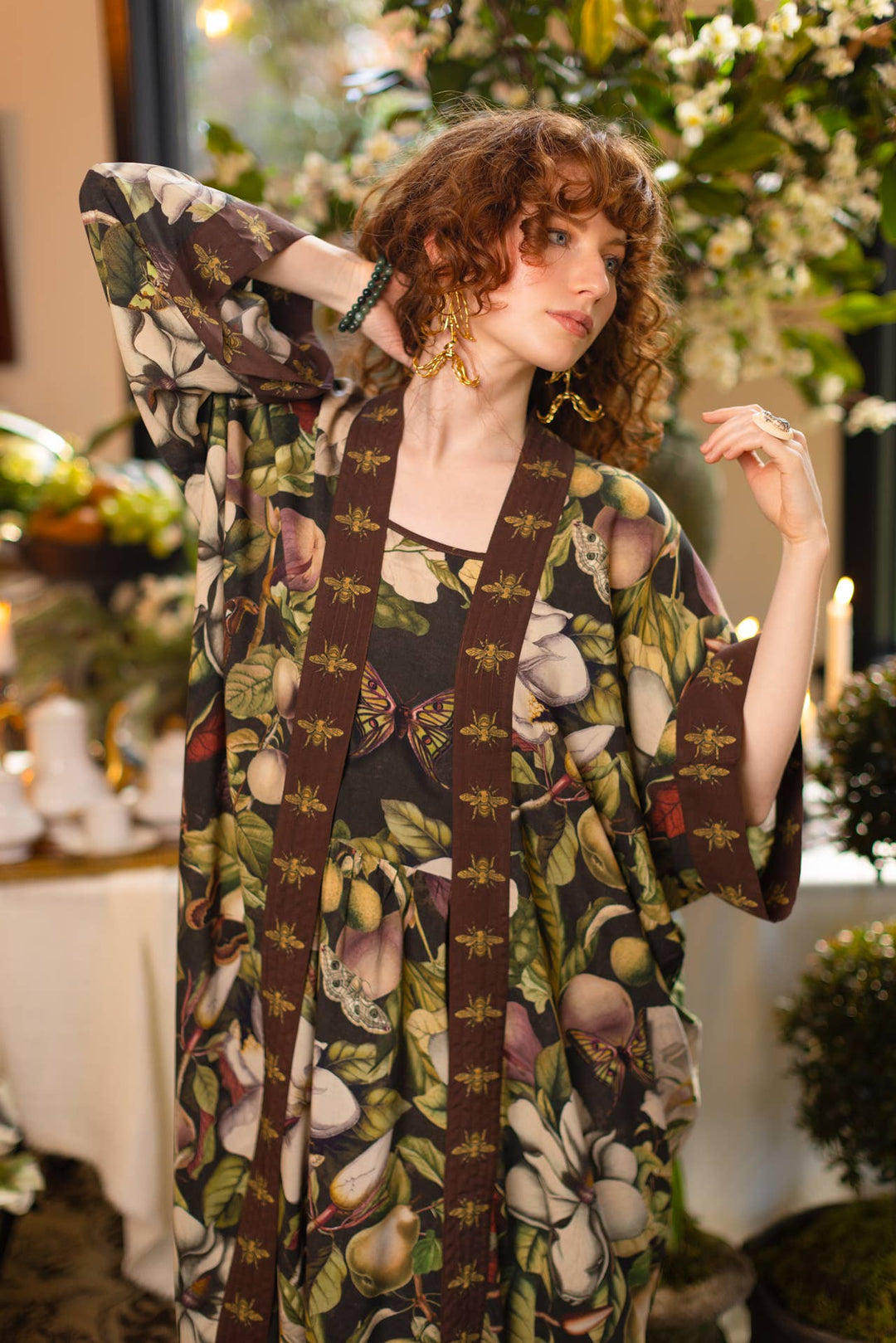 Fleur De Lune Opera Duster Kimono Robe w/ Florals & Bees