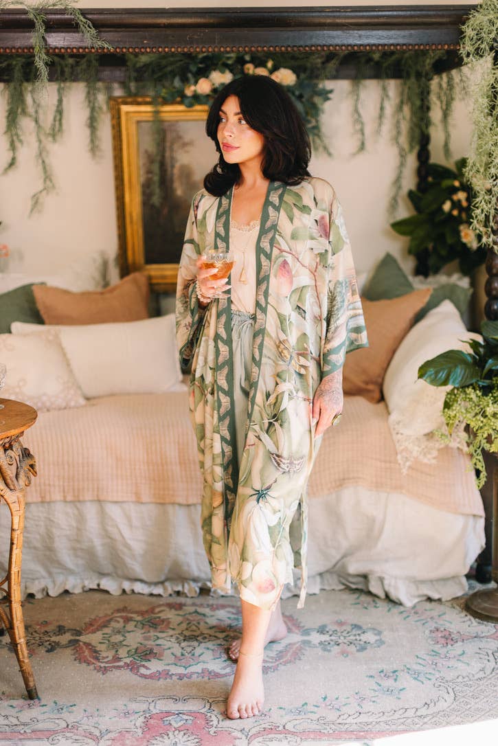 Fleur De Soleil Opera Duster Kimono Robe w/ Florals