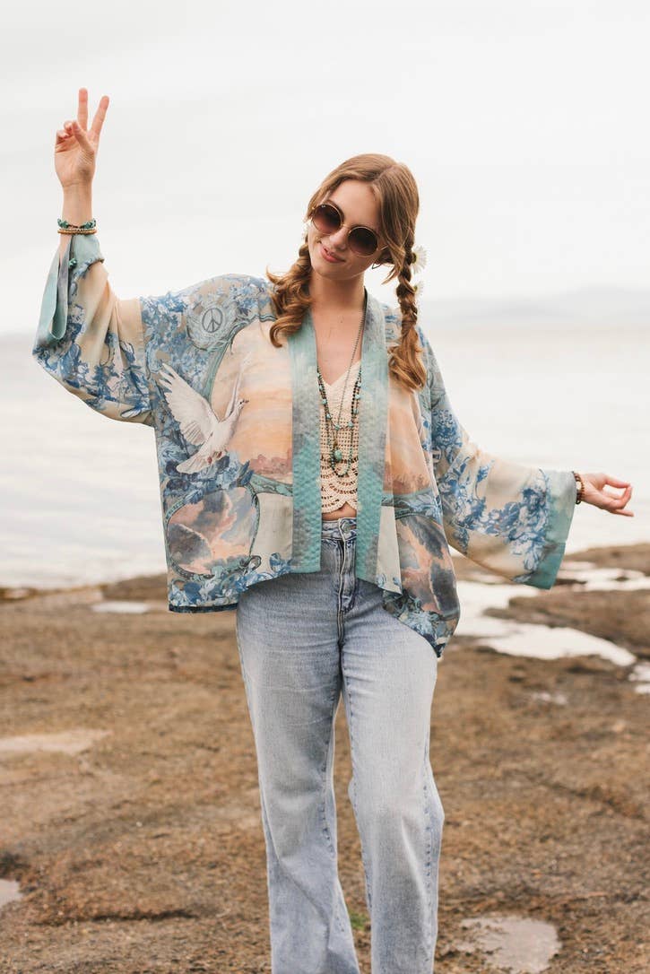 Peace Out Cropped Kimono Pixie Duster with Doves and Sunrise