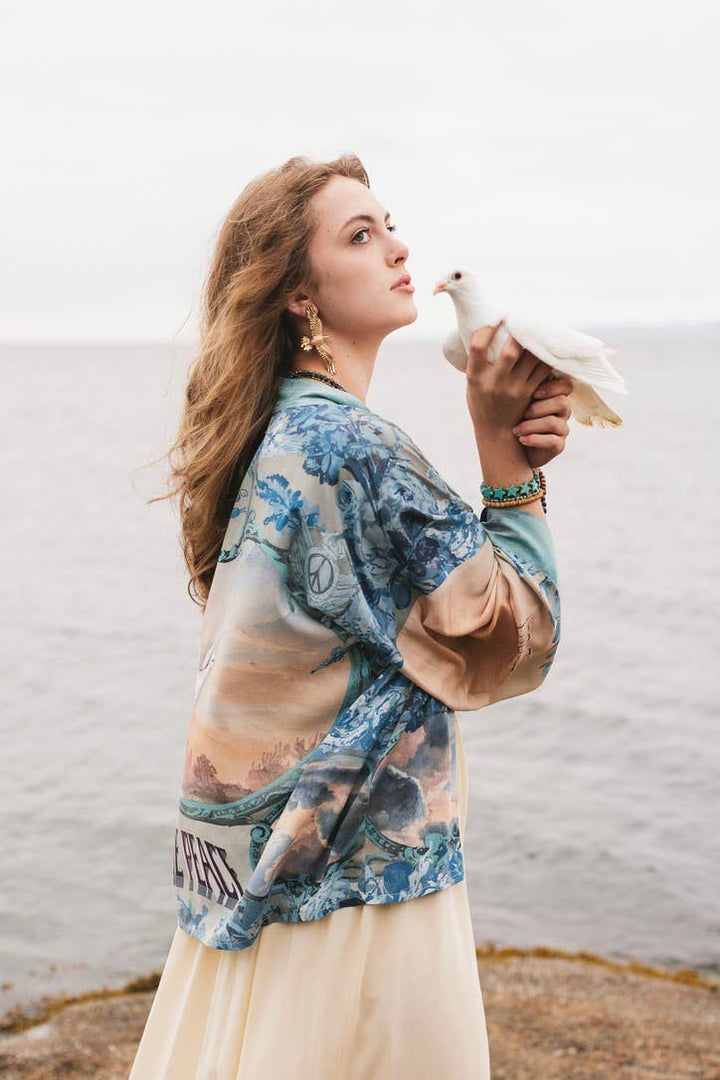 Peace Out Cropped Kimono Pixie Duster with Doves and Sunrise