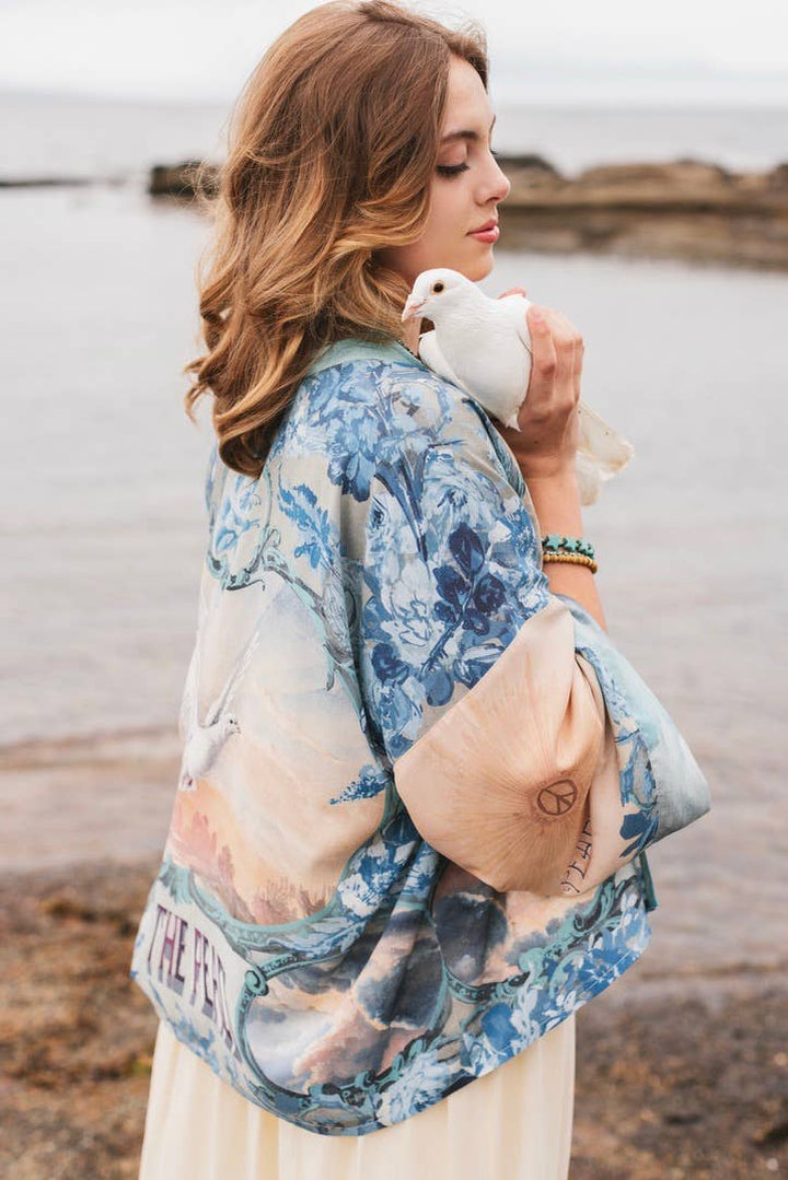 Peace Out Cropped Kimono Pixie Duster with Doves and Sunrise