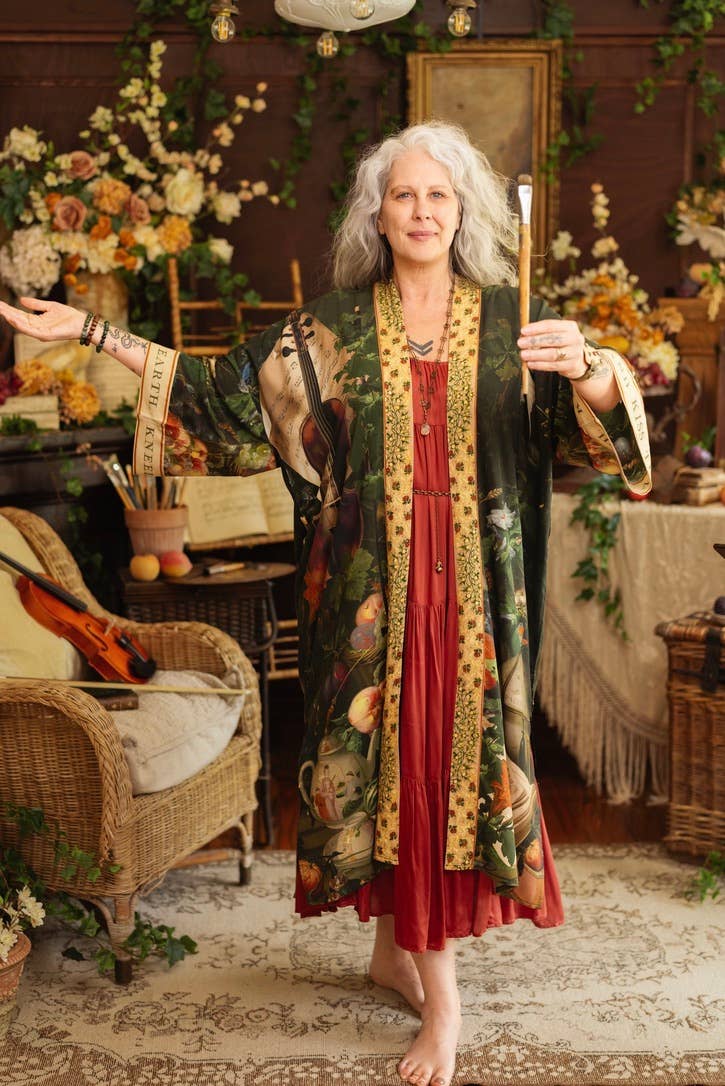 Labour of Love Opera Duster Kimono Robe w/ florals & violin