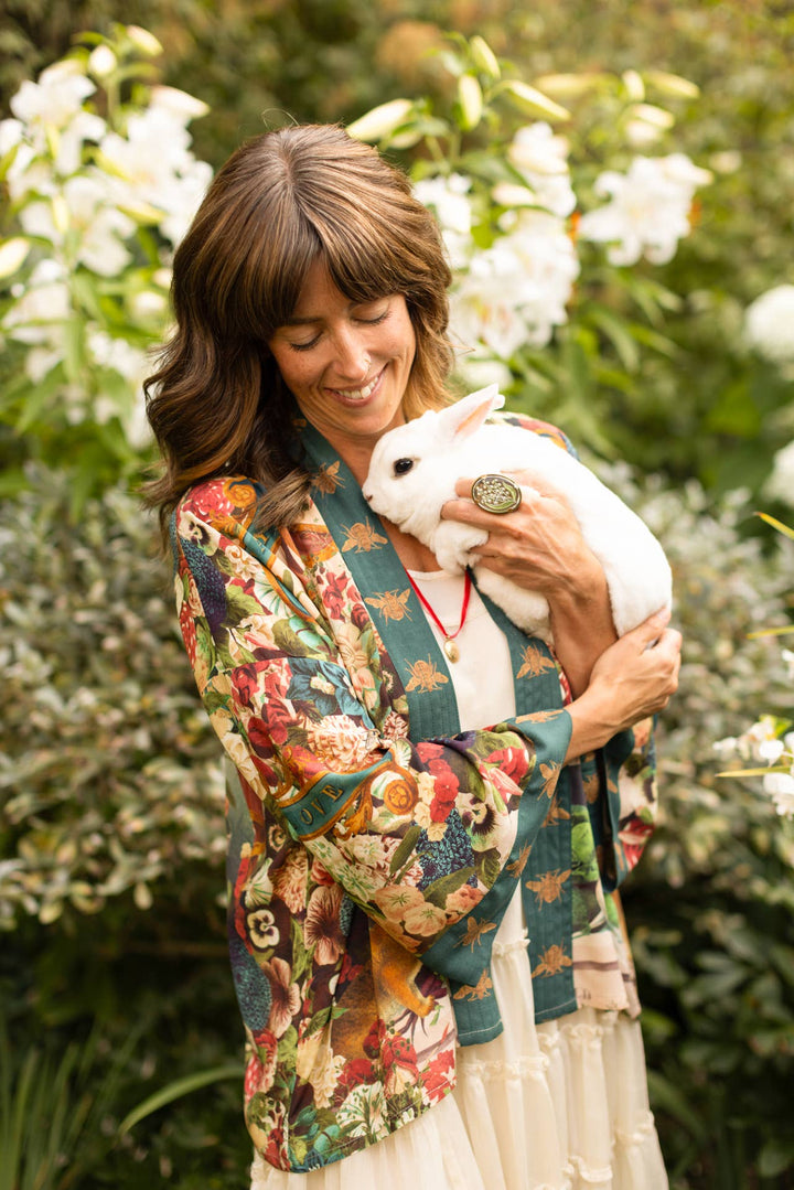 Stay Gold Pixie Duster Cropped Kimono w/ Rabbits and Bees