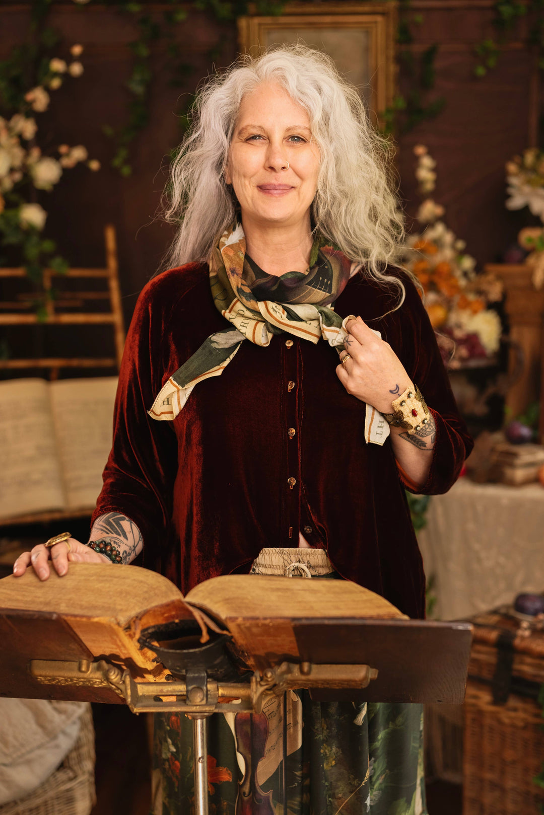 Labour of Love Bohemian Scarf w/ Florals, birds & violin