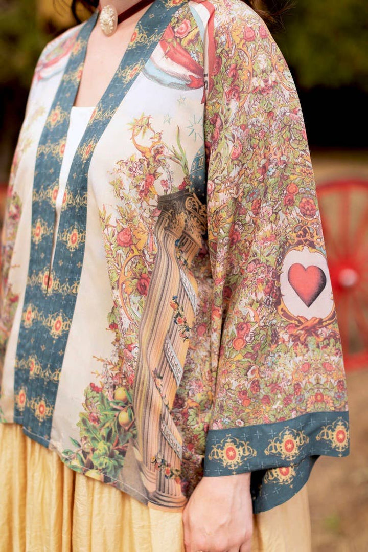 Love Revolution Pixie Crop Kimono w/ Sun, Horse & Florals
