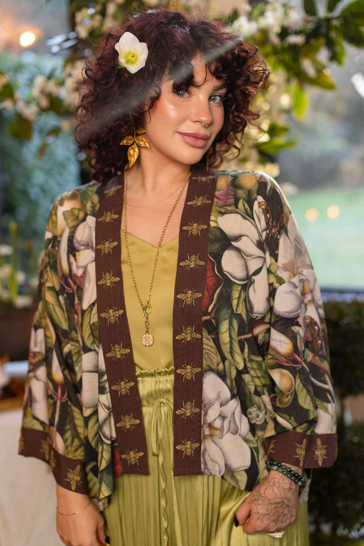 Fleur De Lune Pixie Duster Crop Kimono w/ Florals & Bees