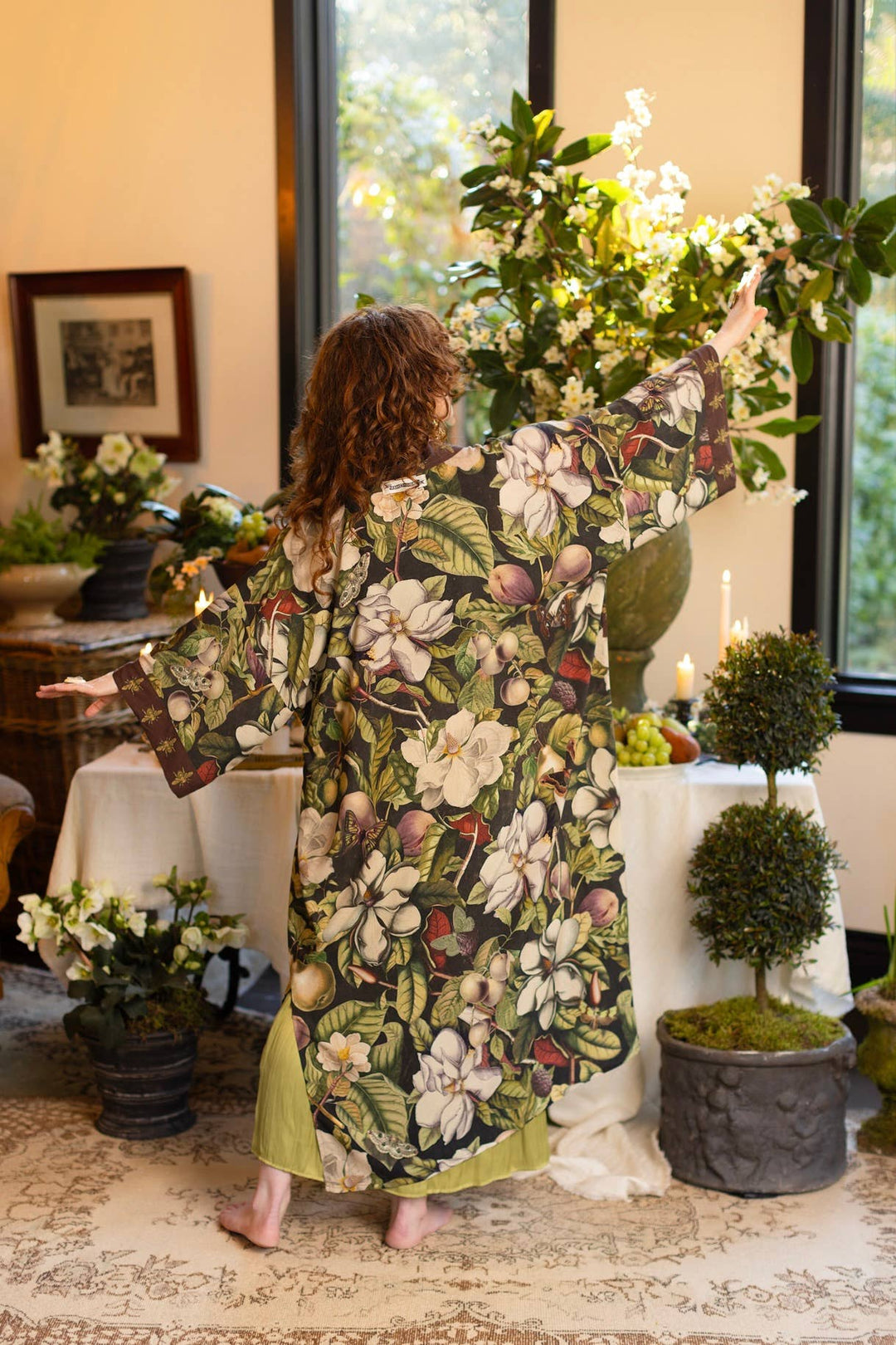 Fleur De Lune Opera Duster Kimono Robe w/ Florals & Bees