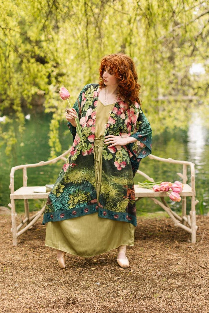 The Daydreamer Goddess Duster Kimono w/ Roses & Rabbits