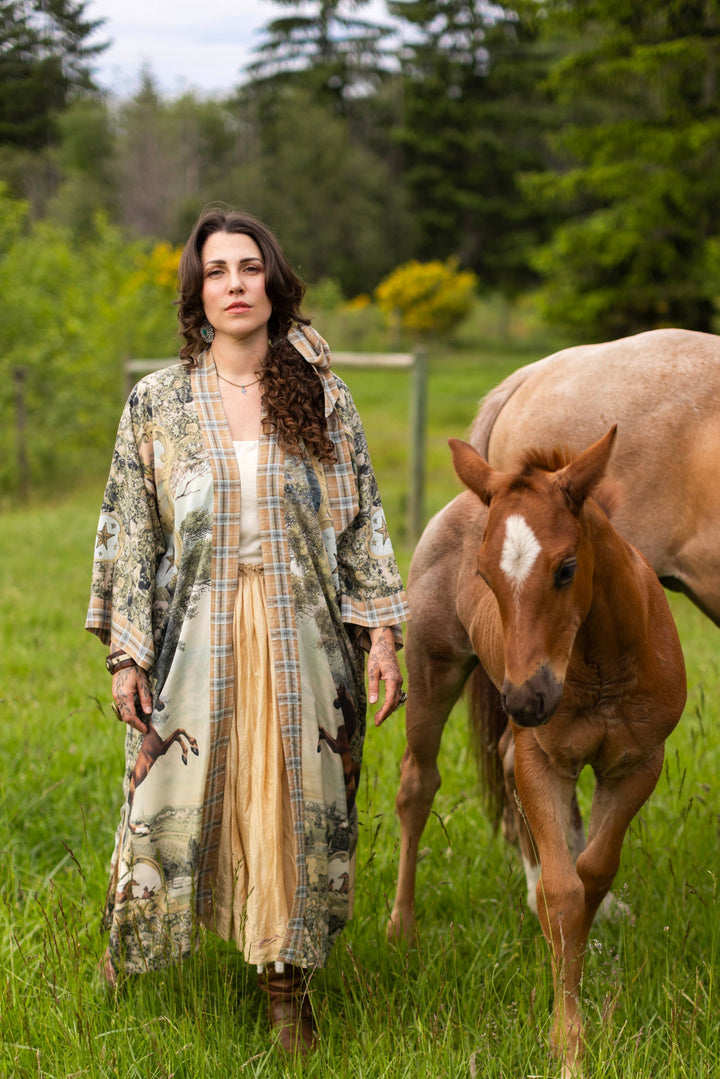 Born to Run Opera Duster Kimono Robe w/ Horse & Flower Print