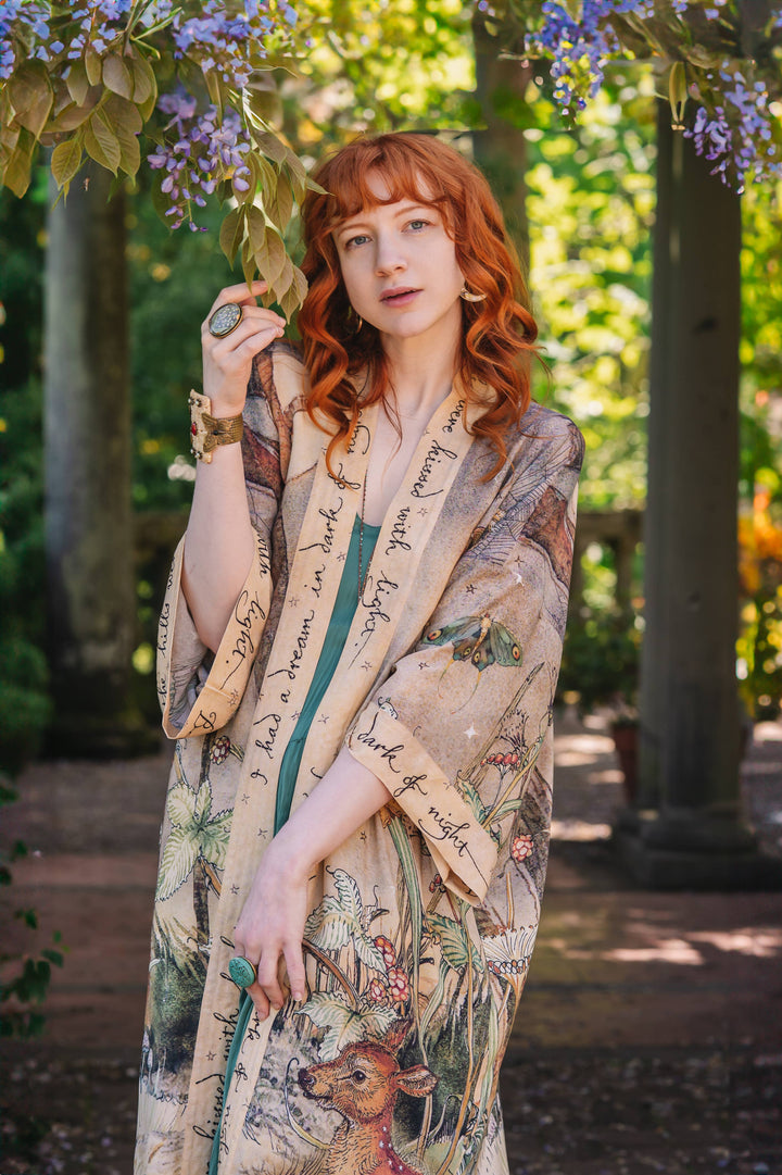 Lovelight Opera Duster Kimono Robe w/woodland deer & swallow