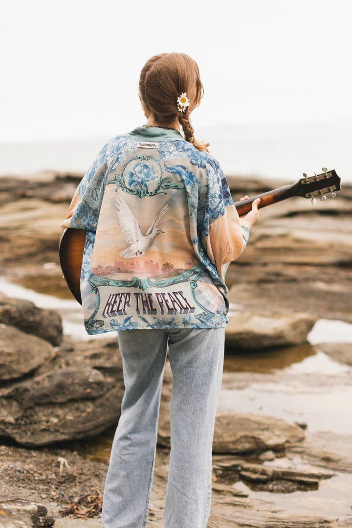Peace Out Cropped Kimono Pixie Duster with Doves and Sunrise