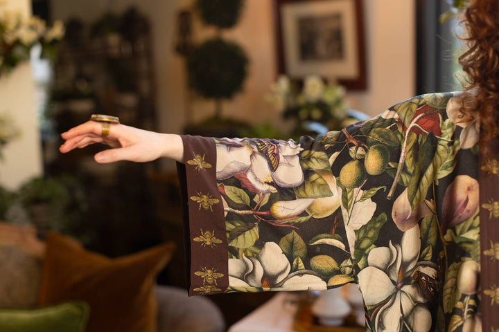 Fleur De Lune Opera Duster Kimono Robe w/ Florals & Bees