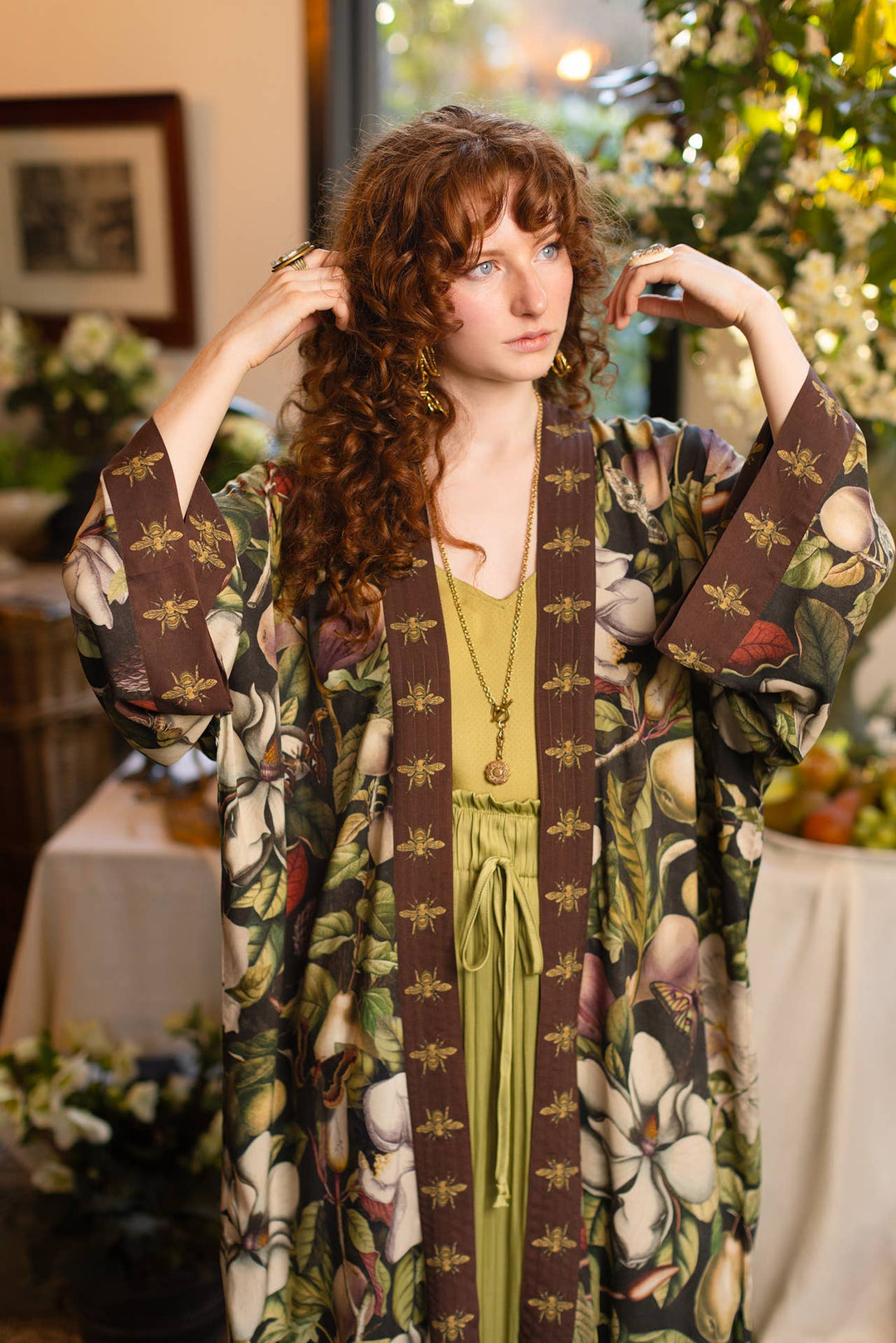 Fleur De Lune Opera Duster Kimono Robe w/ Florals & Bees