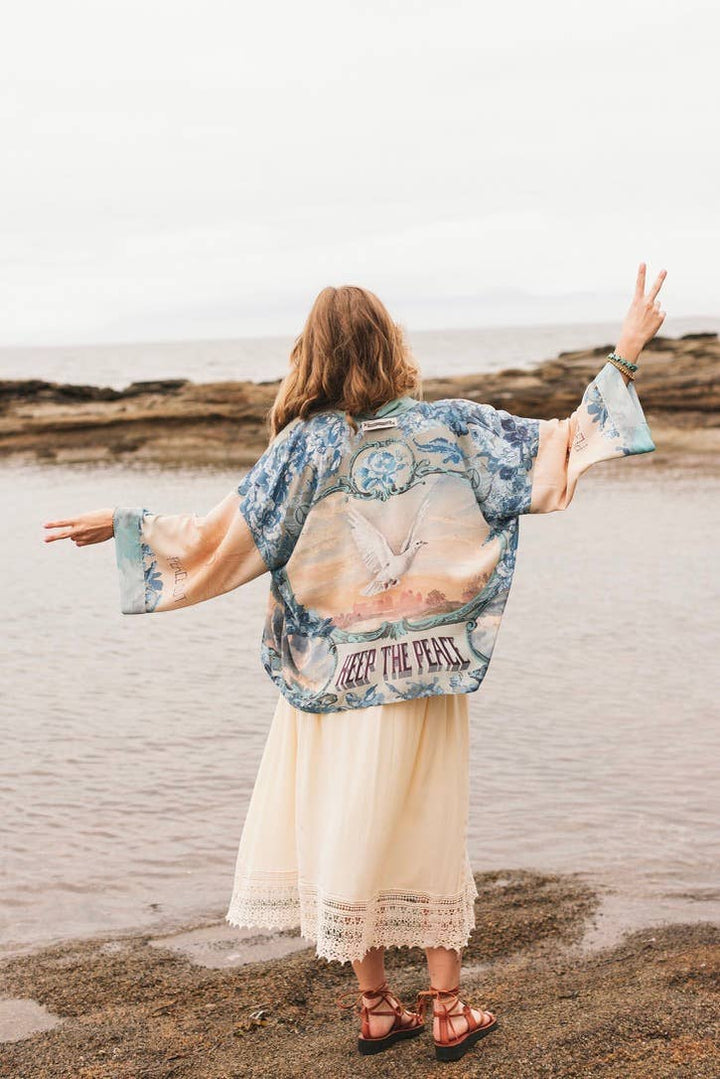 Peace Out Cropped Kimono Pixie Duster with Doves and Sunrise