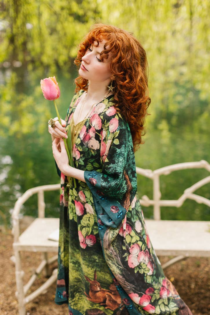 The Daydreamer Goddess Duster Kimono w/ Roses & Rabbits
