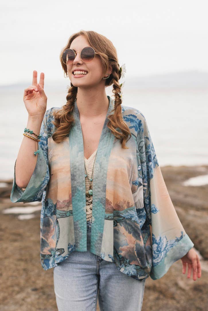 Peace Out Cropped Kimono Pixie Duster with Doves and Sunrise
