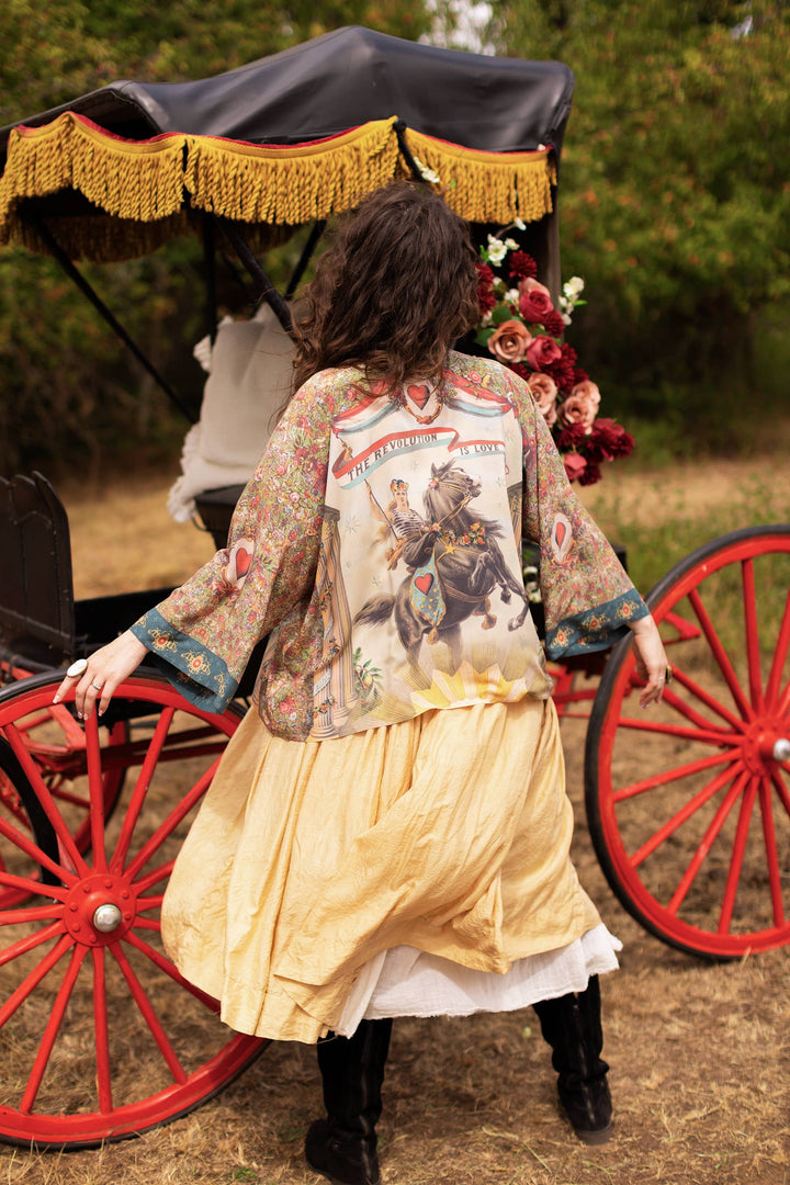 Love Revolution Pixie Crop Kimono w/ Sun, Horse & Florals