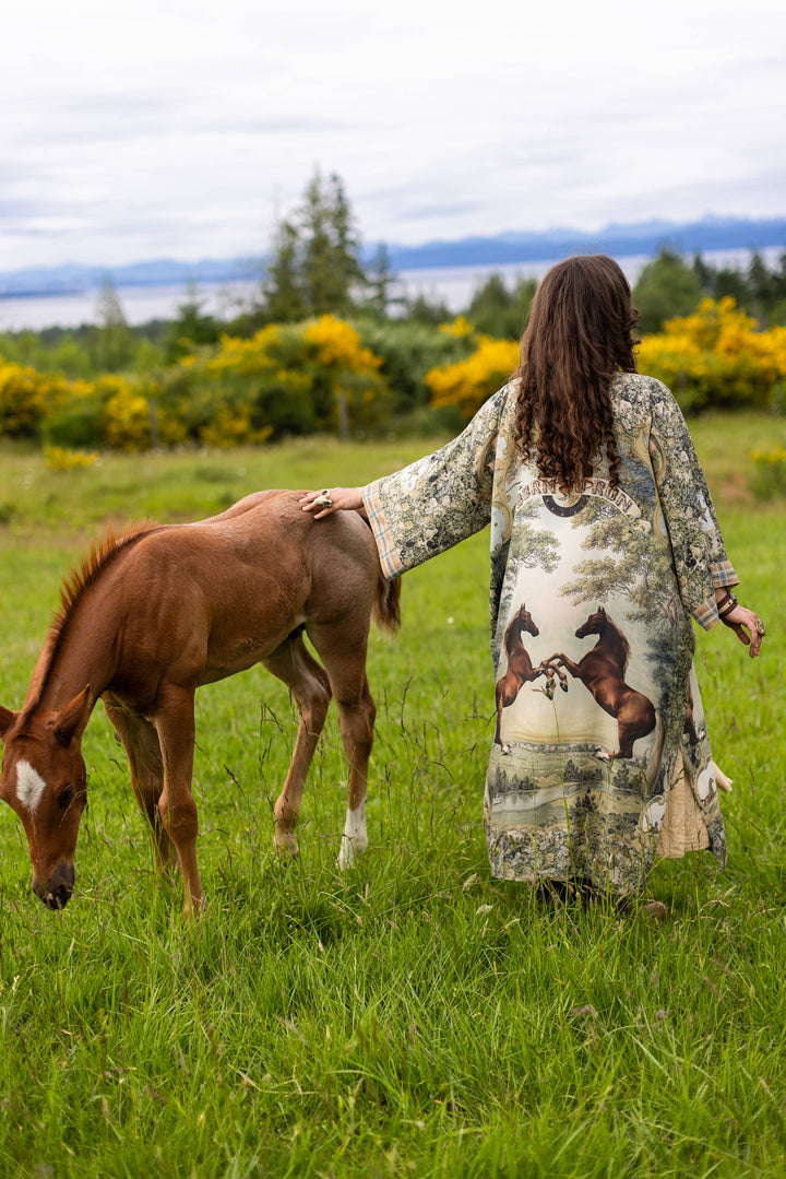 Born to Run Opera Duster Kimono Robe w/ Horse & Flower Print