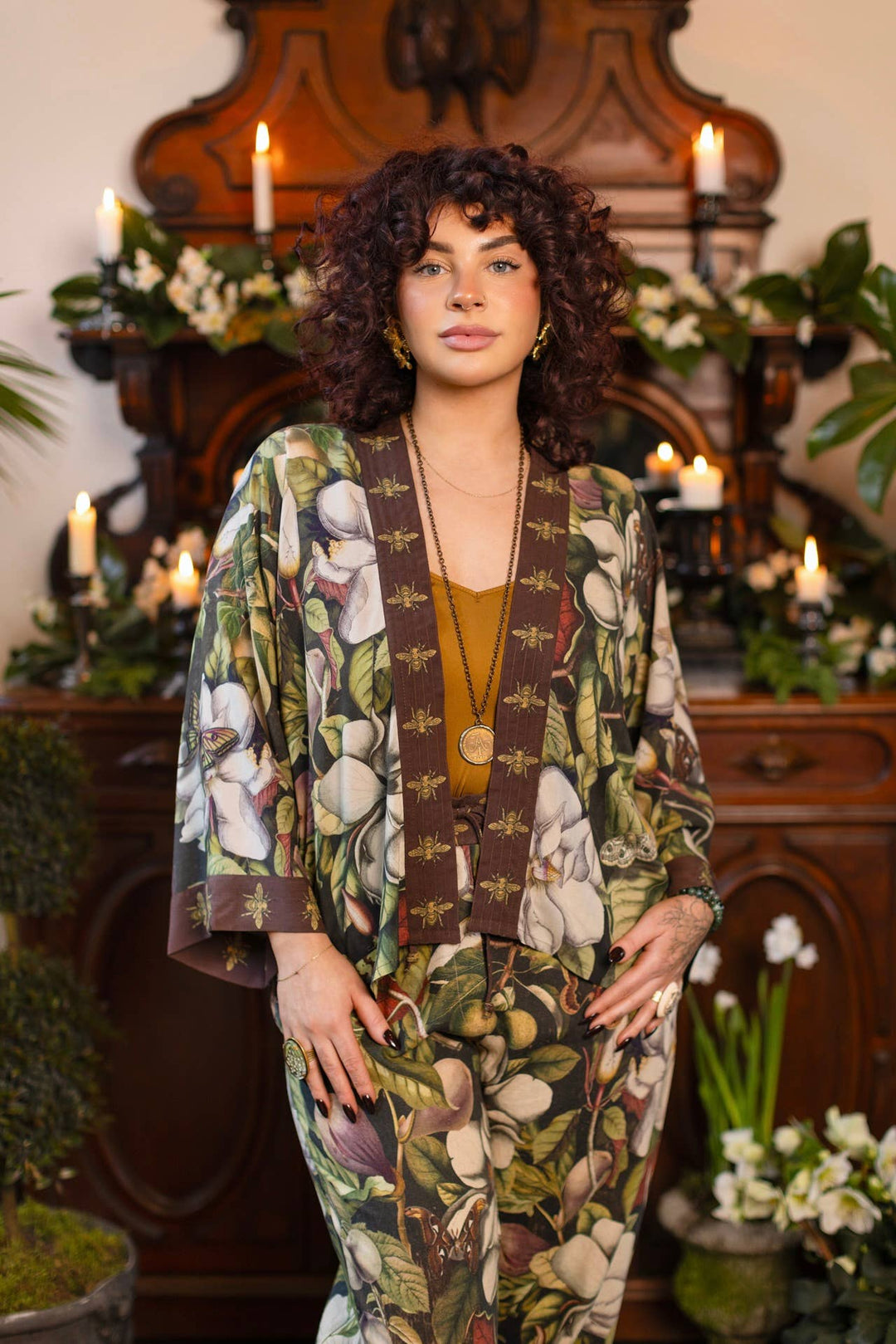 Fleur De Lune Pixie Duster Crop Kimono w/ Florals & Bees