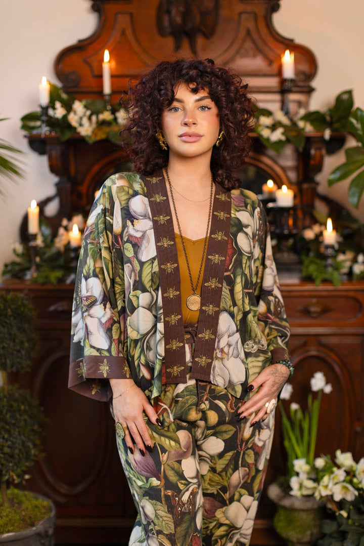 Fleur De Lune Pixie Duster Crop Kimono w/ Florals & Bees