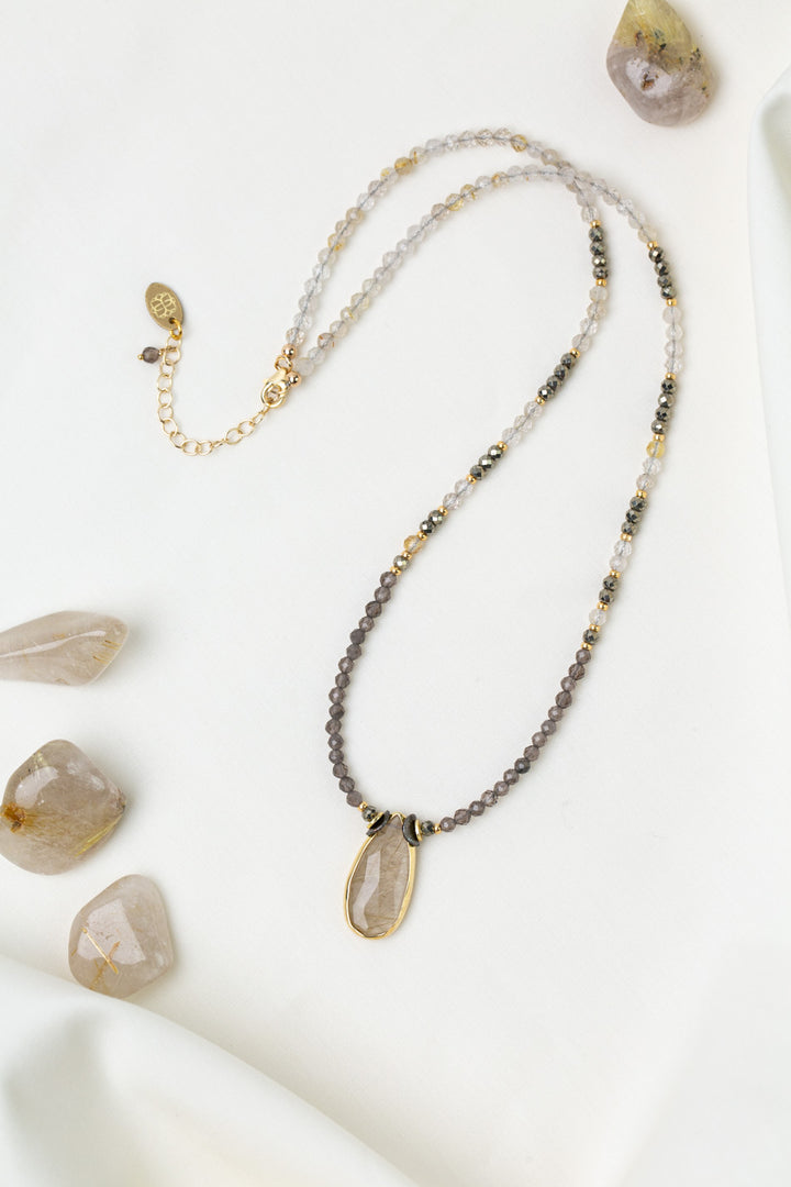 Alchemy 18.5-20.5" Pyrite, Grey Moonstone With Gold Rutilated Quartz Long Teardrop Bezel Collage Necklace