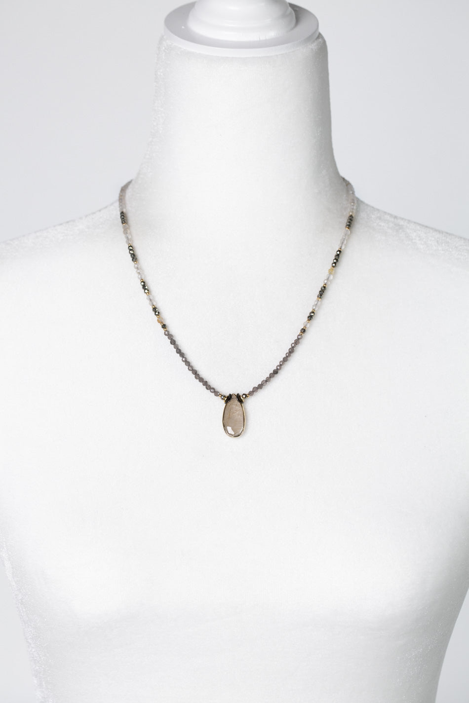 Alchemy 18.5-20.5" Pyrite, Grey Moonstone With Gold Rutilated Quartz Long Teardrop Bezel Collage Necklace