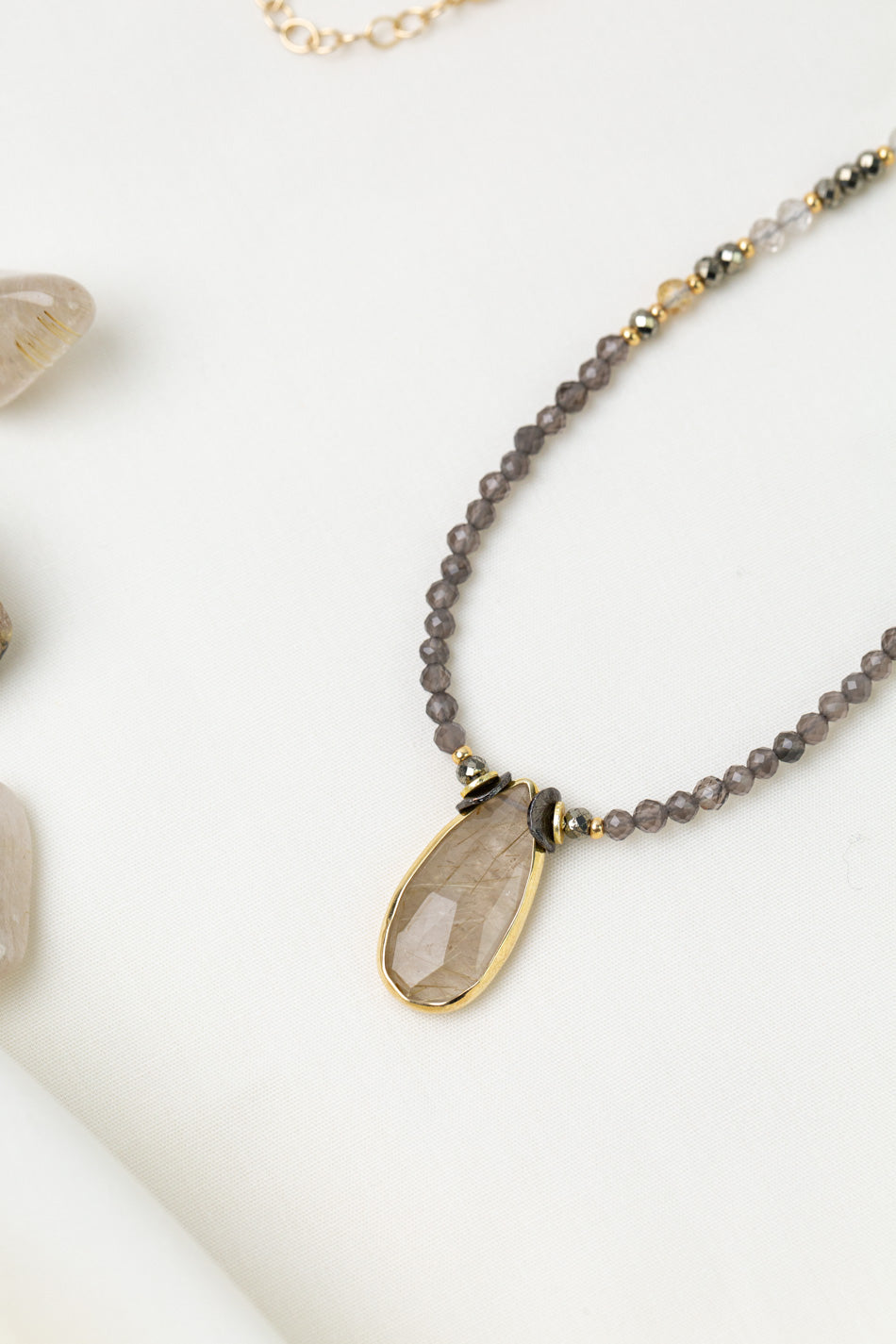 Alchemy 18.5-20.5" Pyrite, Grey Moonstone With Gold Rutilated Quartz Long Teardrop Bezel Collage Necklace